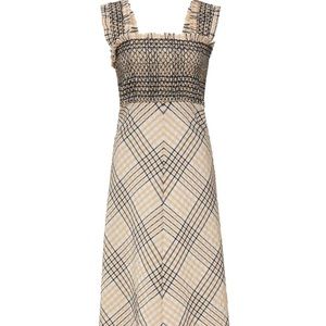 Ganni Smocked Seersucker Midi Dress